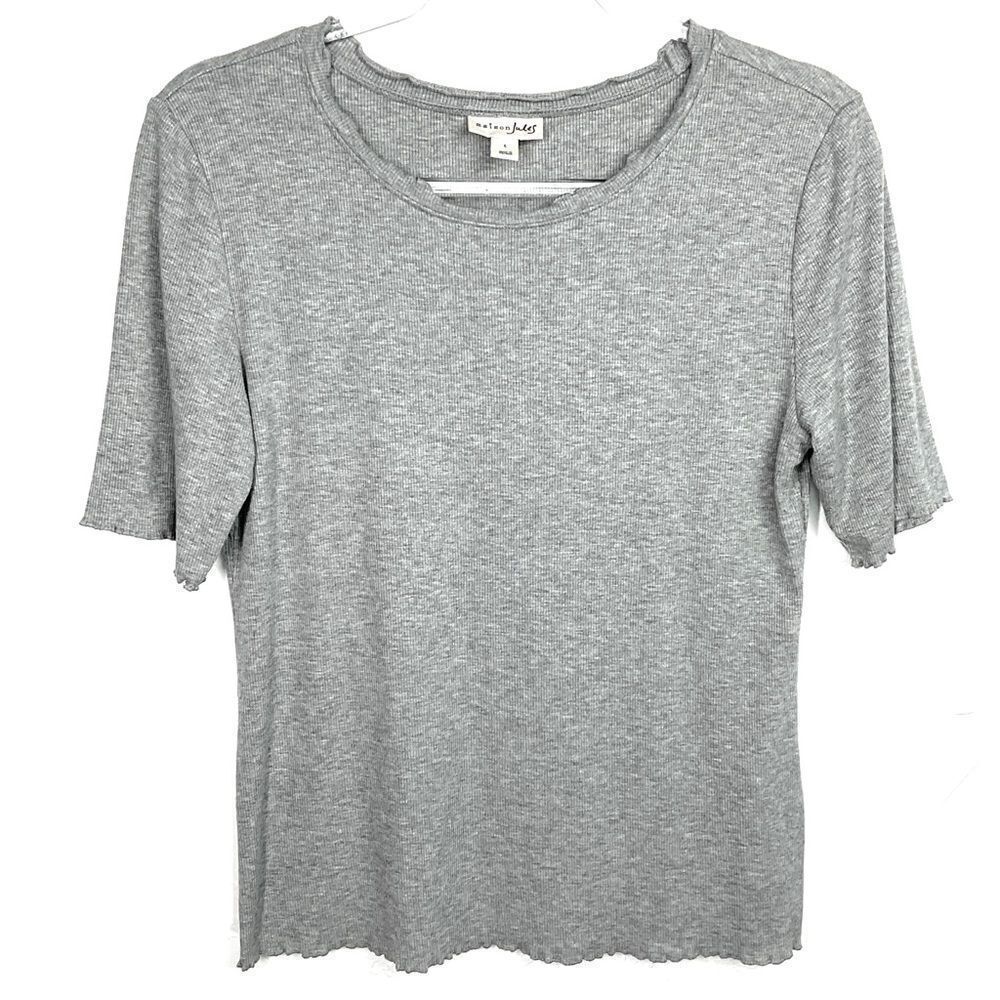 Maison Jules Heathered Gray Lettuce Hem Ribbed Short Sleeve Top Large